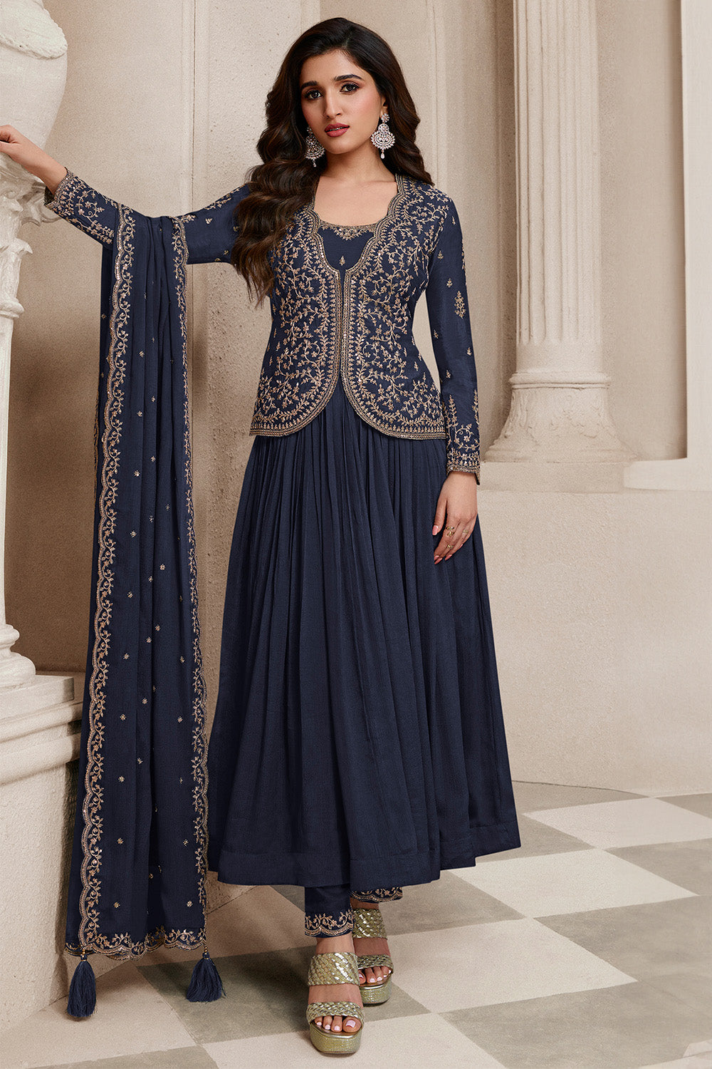 Navy Color Embroidered Chinon Crepe Unstitched Suit Material With Unstitched Jacket