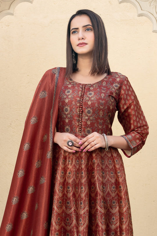 Maroon Silk Printed Anarkali Suit