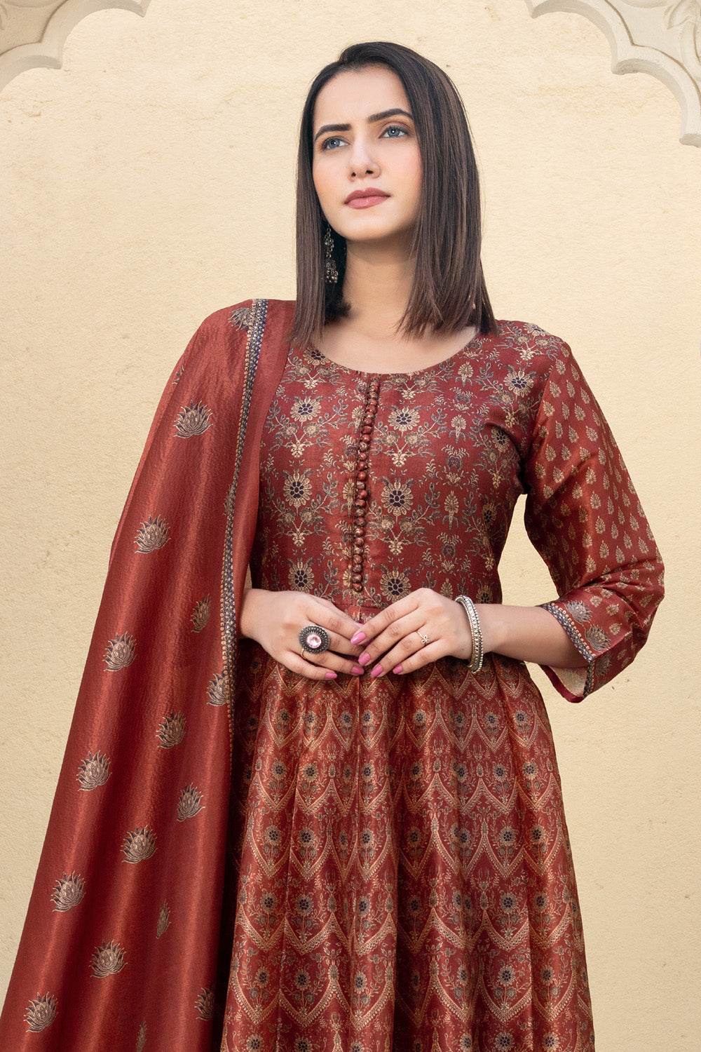 Maroon Silk Printed Anarkali Suit