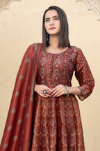 Maroon Silk Printed Anarkali Suit