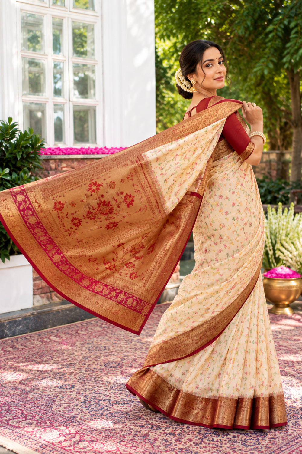 Cream Silk Ikkat Woven Border Saree