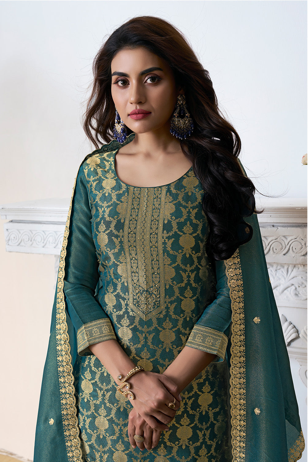 Teal Zari Floral Woven Silk Suit Set