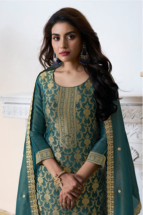 Teal Zari Floral Woven Silk Suit Set