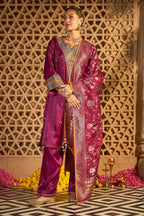 Wine Silk Embroidered Unstitched Suit Material With Banarsi Dupatta