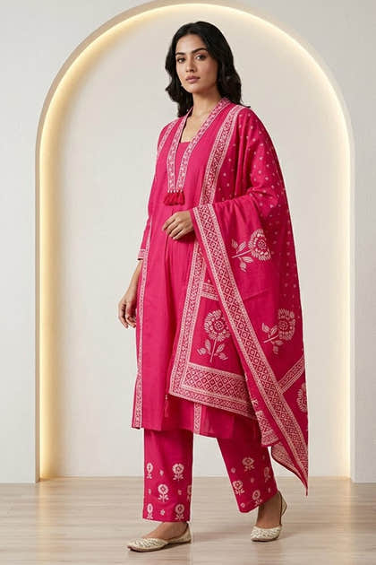 Magenta Pink Cotton Printed Suit
