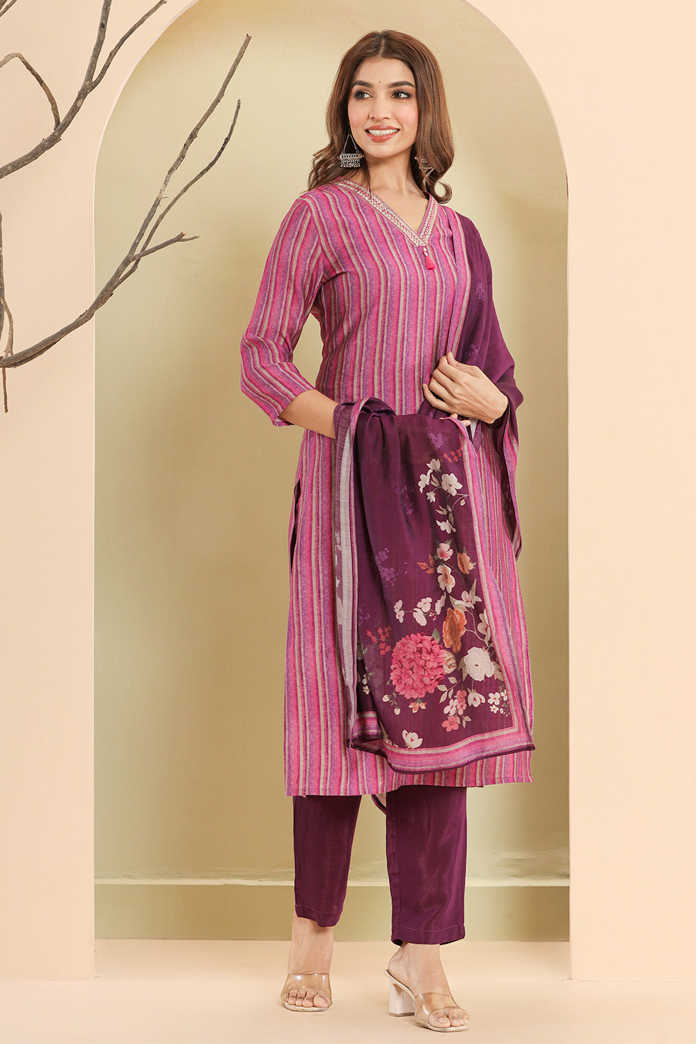 Onion Pink Color Printed Muslin Straight Suit