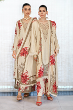 Cream Crepe Silk Floral Printed Unstitched Suit Material