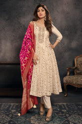 Cream Silk Neck Embroidered And Zari Woven Anarkali Suit With Woven Dupatta Set