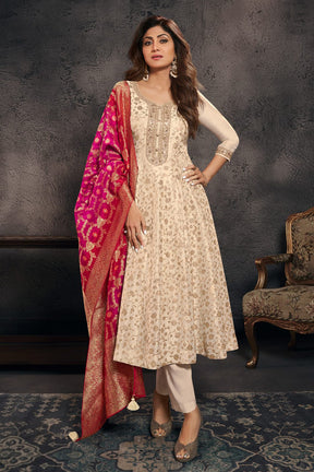 Cream Silk Neck Embroidered And Zari Woven Anarkali Suit With Woven Dupatta Set