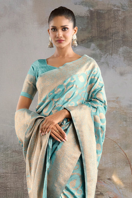 Light Turquoise  Silk Banarasi Woven Saree