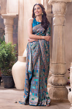Teal Blue Position Print Woven Silk Saree