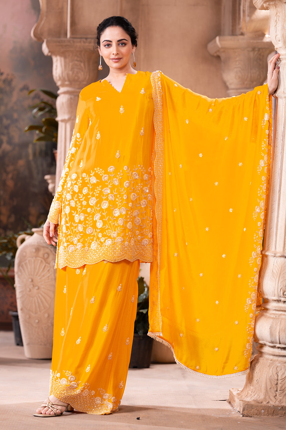 Yellow Pure Silk Floral Embroidered Suits With Embroidered Pallazo