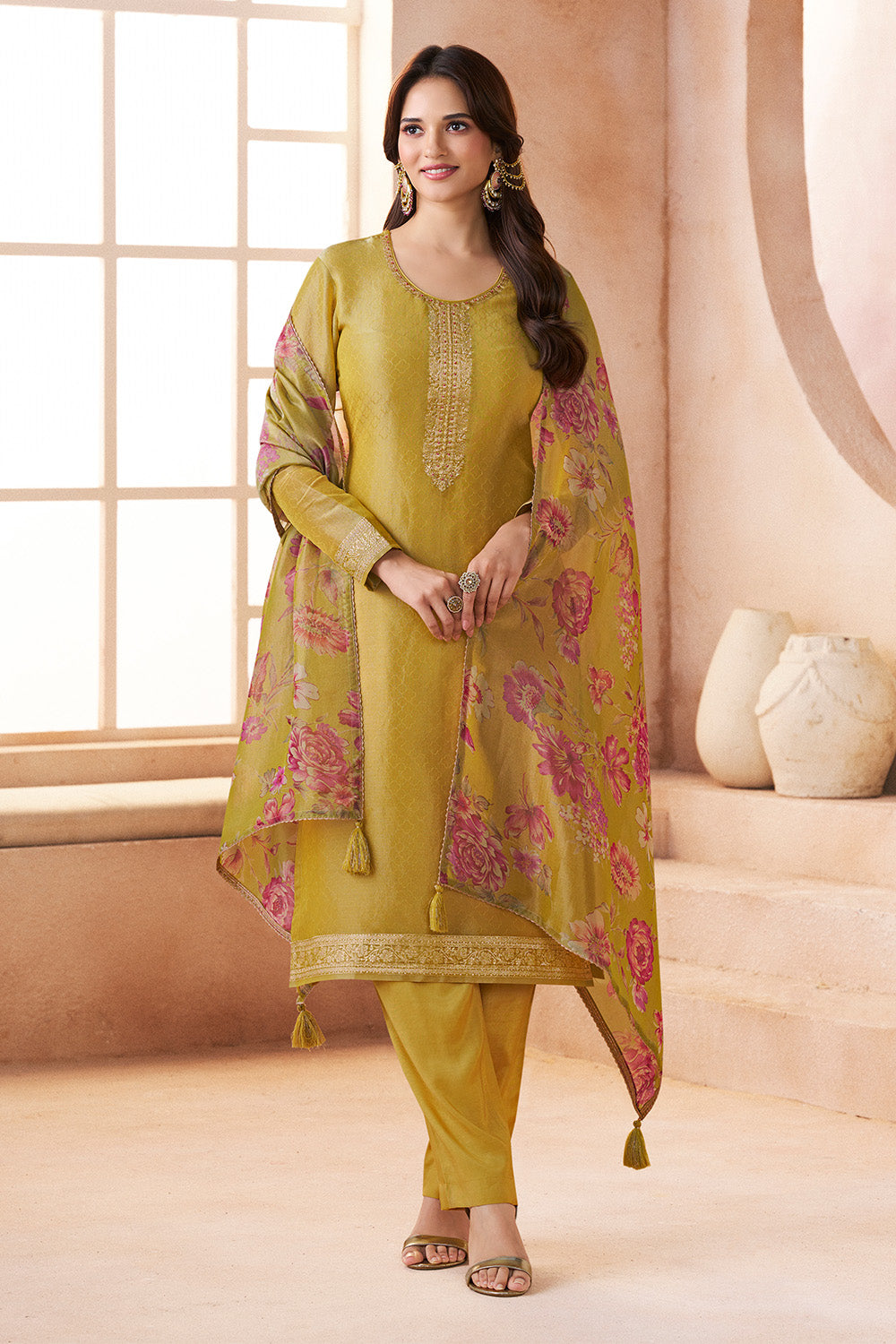Olive Green Metallic Tissue Zari Woven Unstitched Suit Material