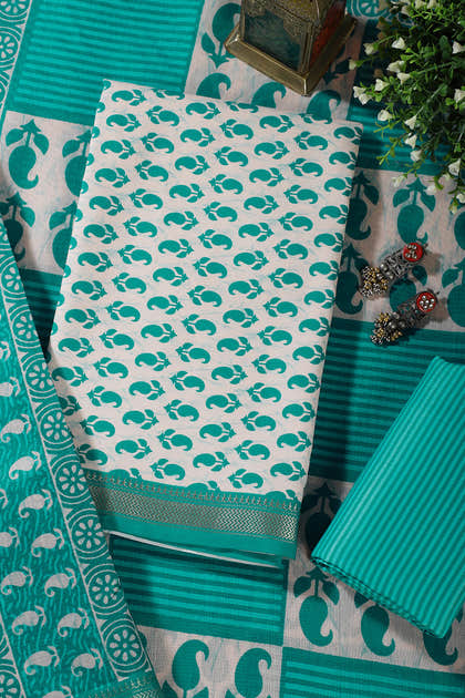 Cream & Teal Cotton Dabu Block Print Unstitched Suit Material
