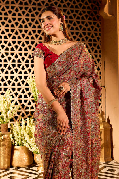 Maroon Georgette Heavy Embroidered Saree