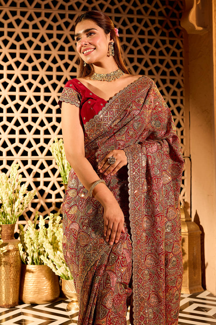 Maroon Georgette Heavy Embroidered Saree
