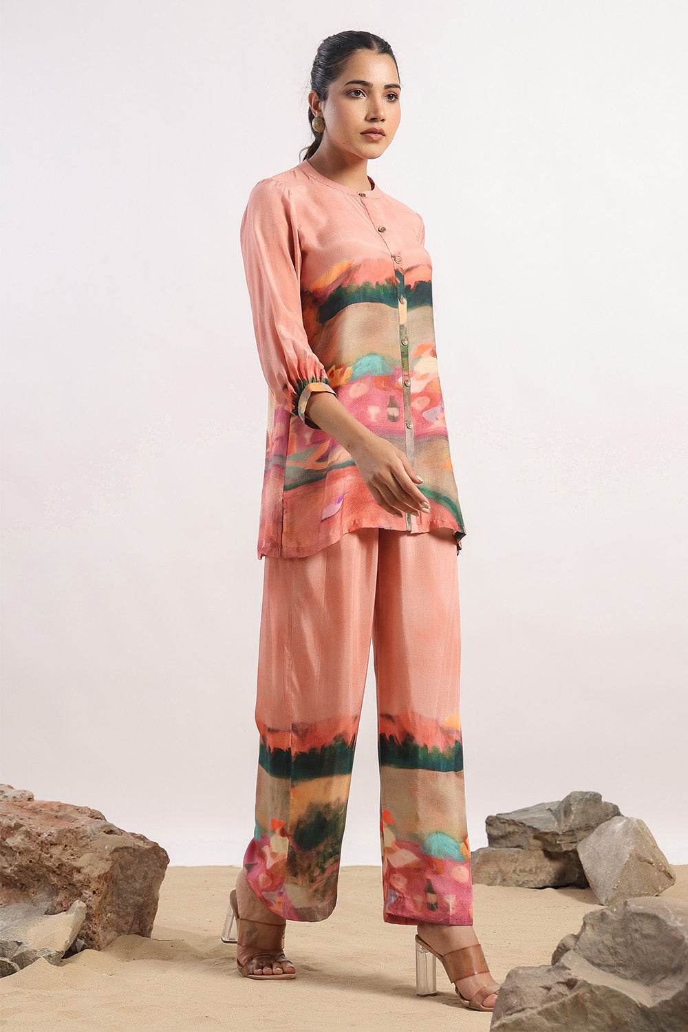 Peach Colour Muslin Printed Co-Ord Dress