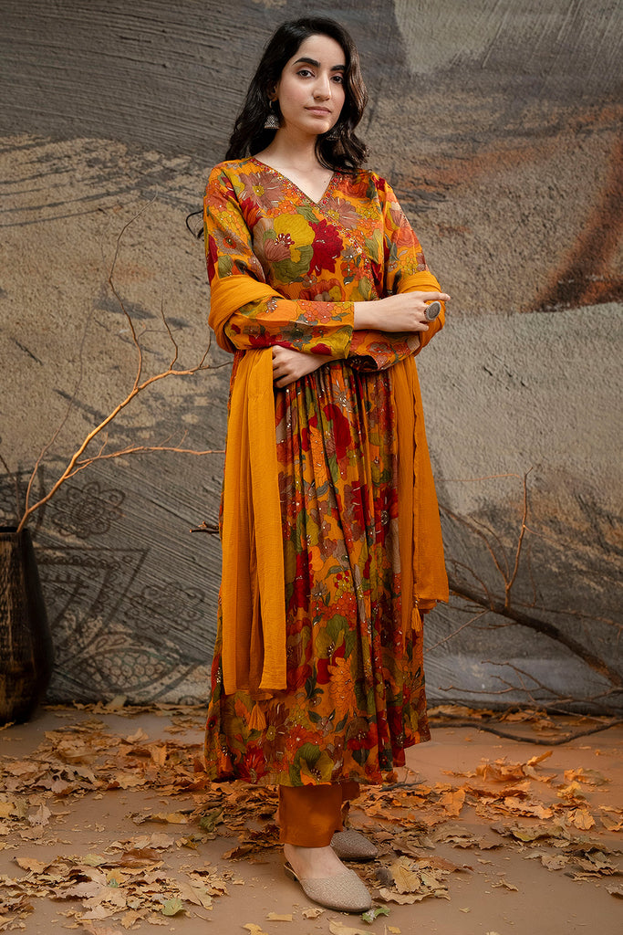 Mustard Color Crepe Printed Anarkali Suit