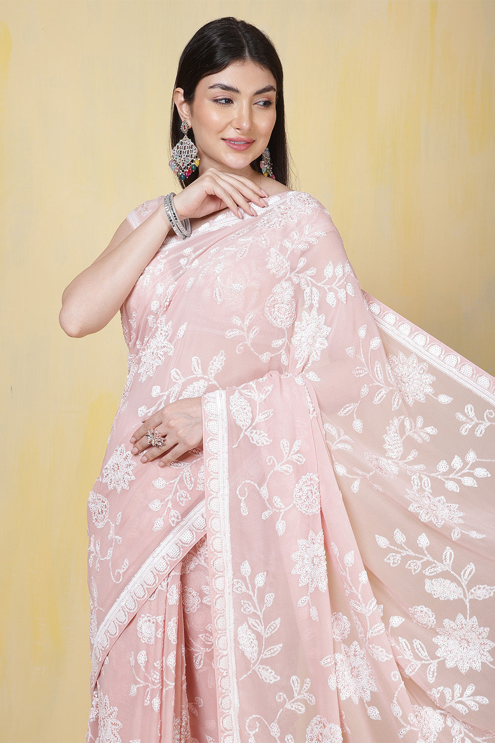 Dusty Pink Georgette Sequins Embroidered Saree