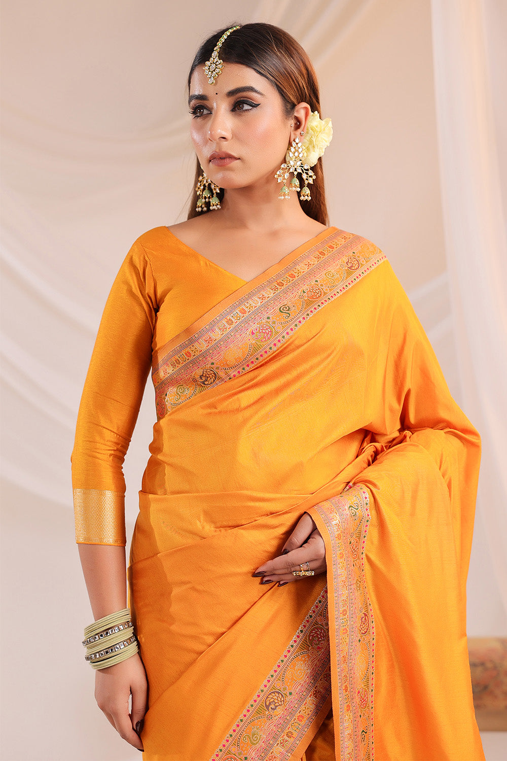 Mustard Soft Silk Kalamkari Woven Saree