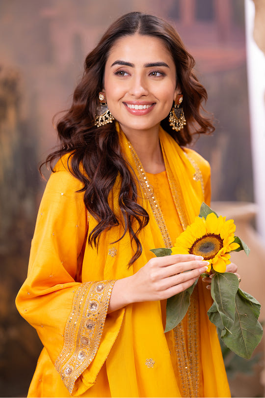 Mustard Zari And Sequins Embroidered Suits With Embroidered Pallazo