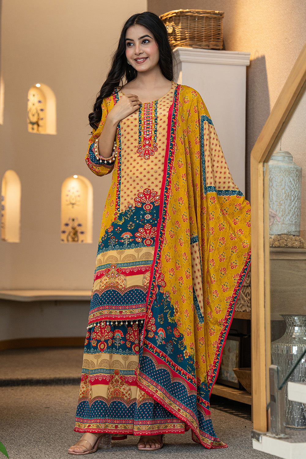 Mustard Crepe Silk Printed Suit With Printed Palazzo