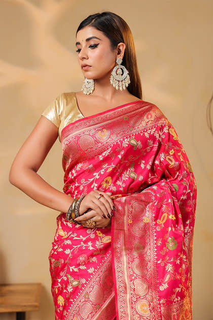 Cherry Red Colour Silk Zari & Resham Woven Saree