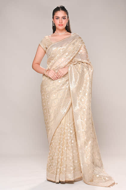 Beige Color Tissue Silk Resham & Sequins Embroidered Saree