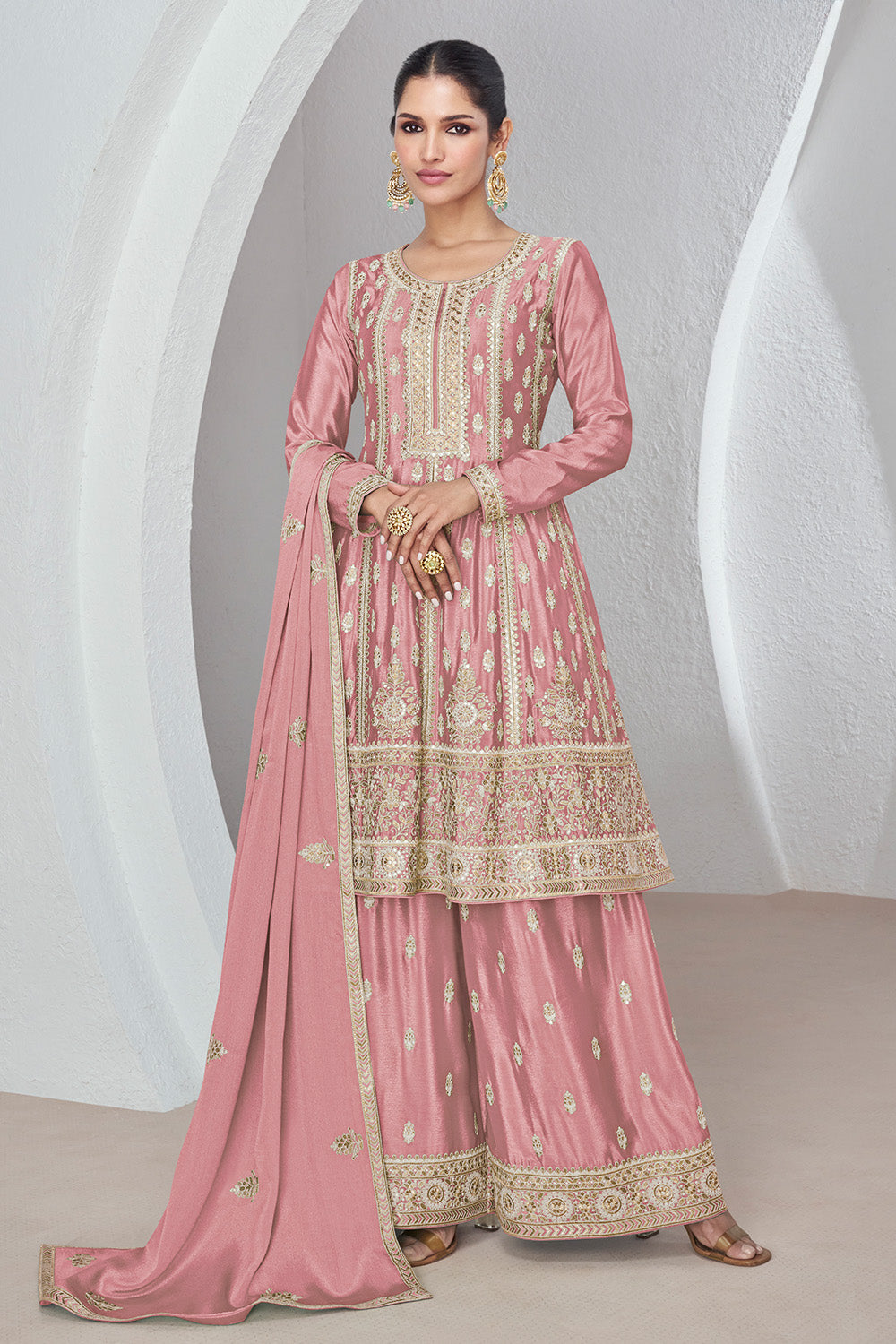 Dusty Pink Color Embroidered Crepe Silk Peplum Suit
