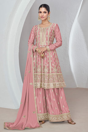 Dusty Pink Color Embroidered Crepe Silk Peplum Suit