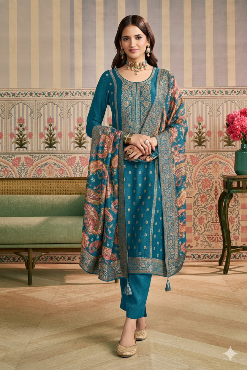 Blue Color Pashmina Woven Unstitched Suit Material