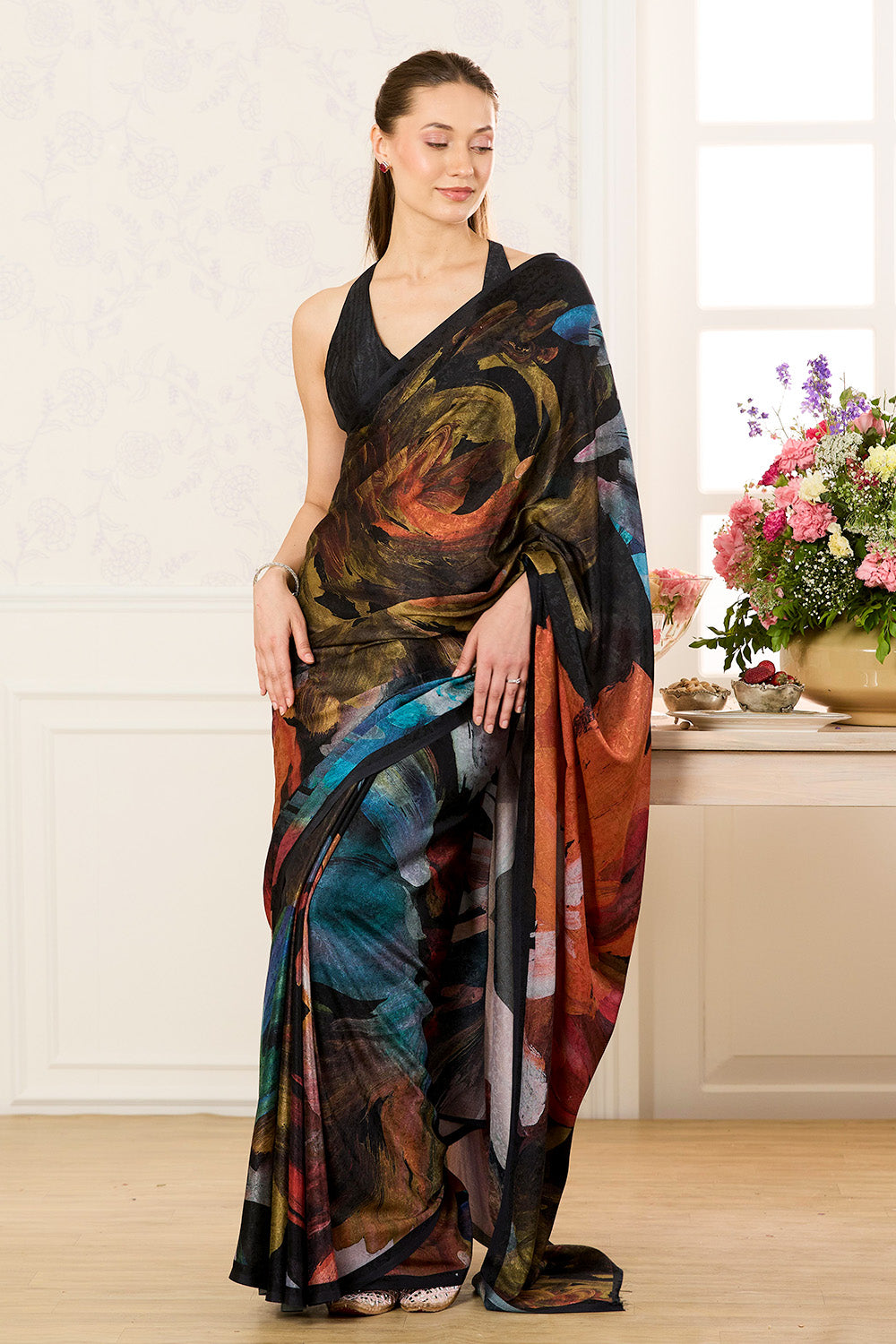 Black Abstract Printed Jacquard Silk Saree
