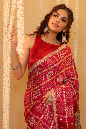 Magenta Pink Pure Gharchola Gajji Silk Printed And Embroidered Saree