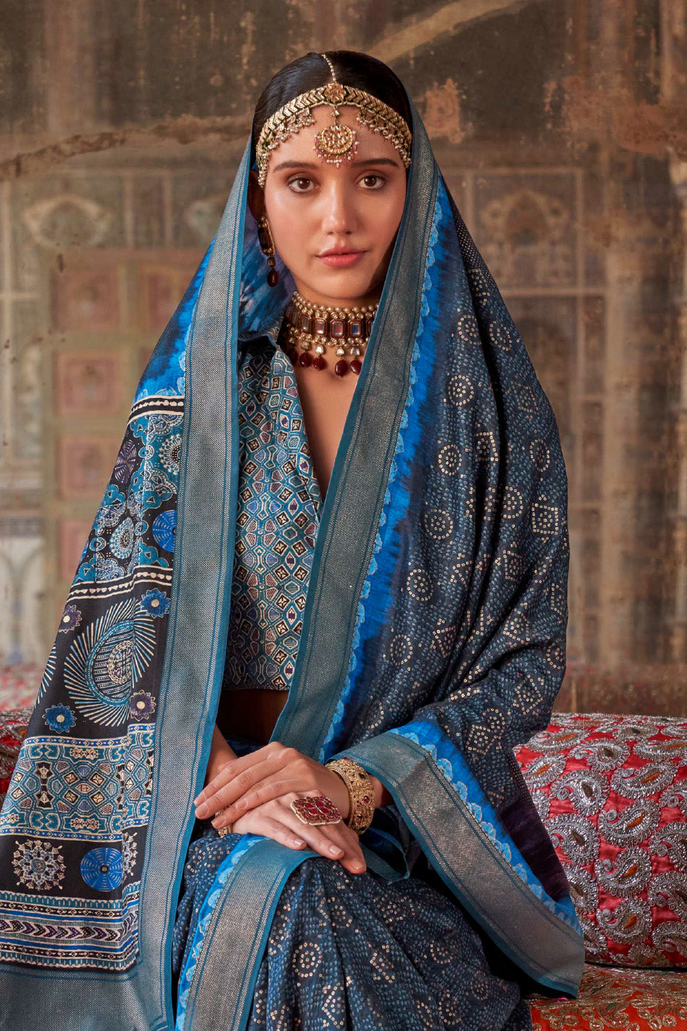 Blue Color Bandhani Printed Gajji Silk Saree
