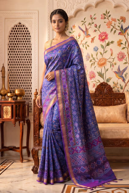 Blue Cotton Printed And Woven Border Saree