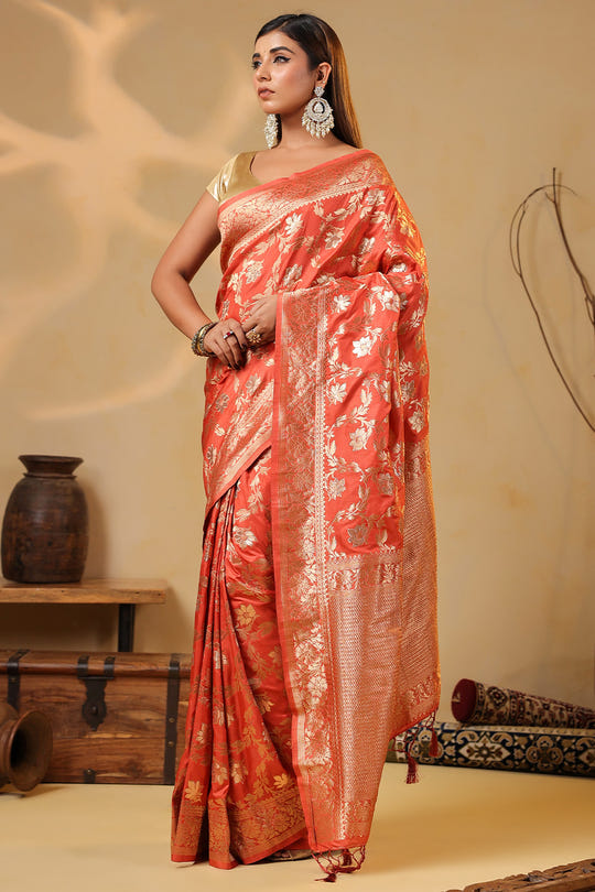 Dark Peach Zari Floral Woven Silk Saree