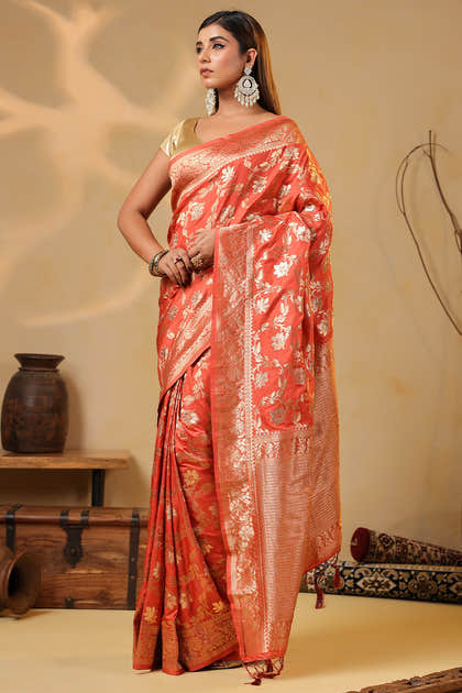 Dark Peach Zari Floral Woven Silk Saree