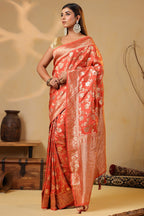 Dark Peach Zari Floral Woven Silk Saree