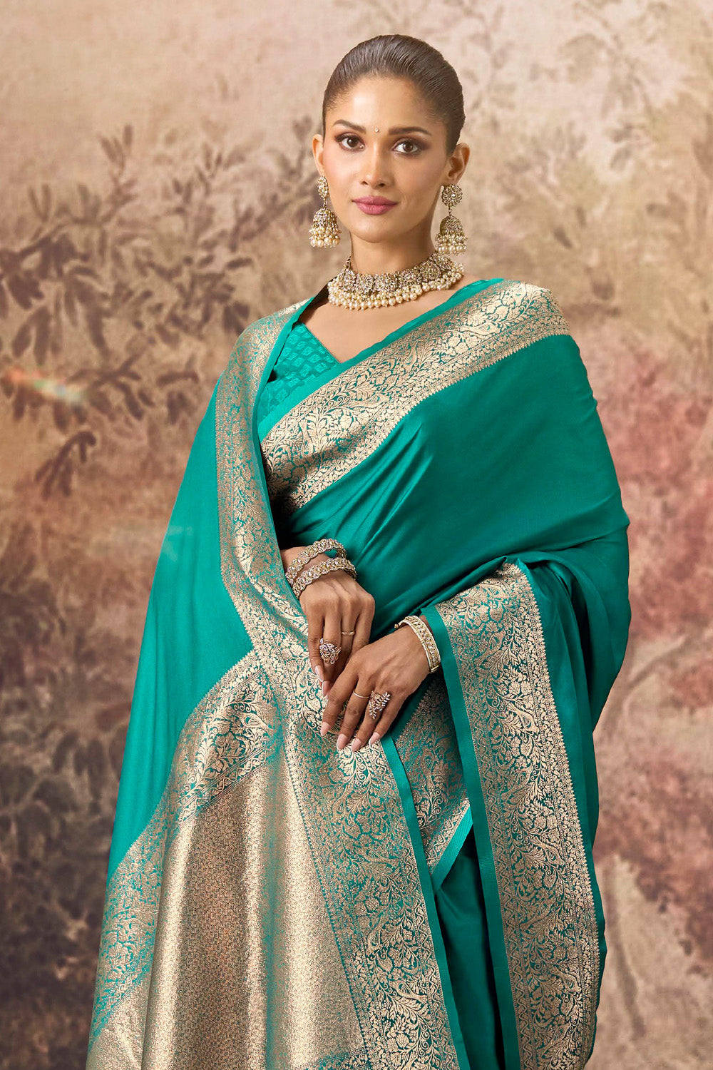 Teal Satin Mulberry Woven Saree