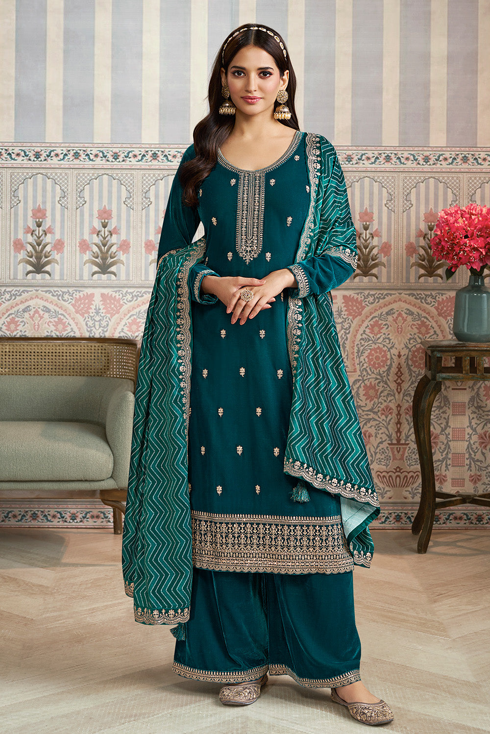 Teal Velvet Sequins and Zari Embroidered Unstitched Suit Fabric