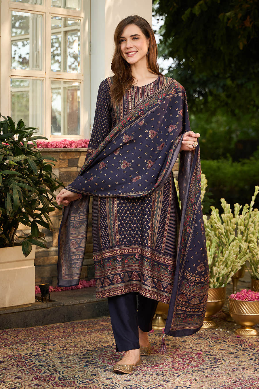 Navy Muslin Printed Straight Suit