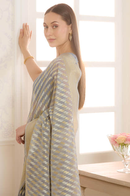 Grey Metalic Tissue Zari Woven Saree