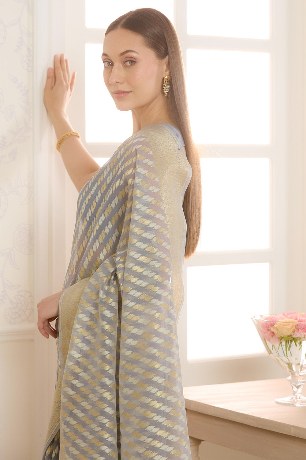 Grey Metalic Tissue Zari Woven Saree
