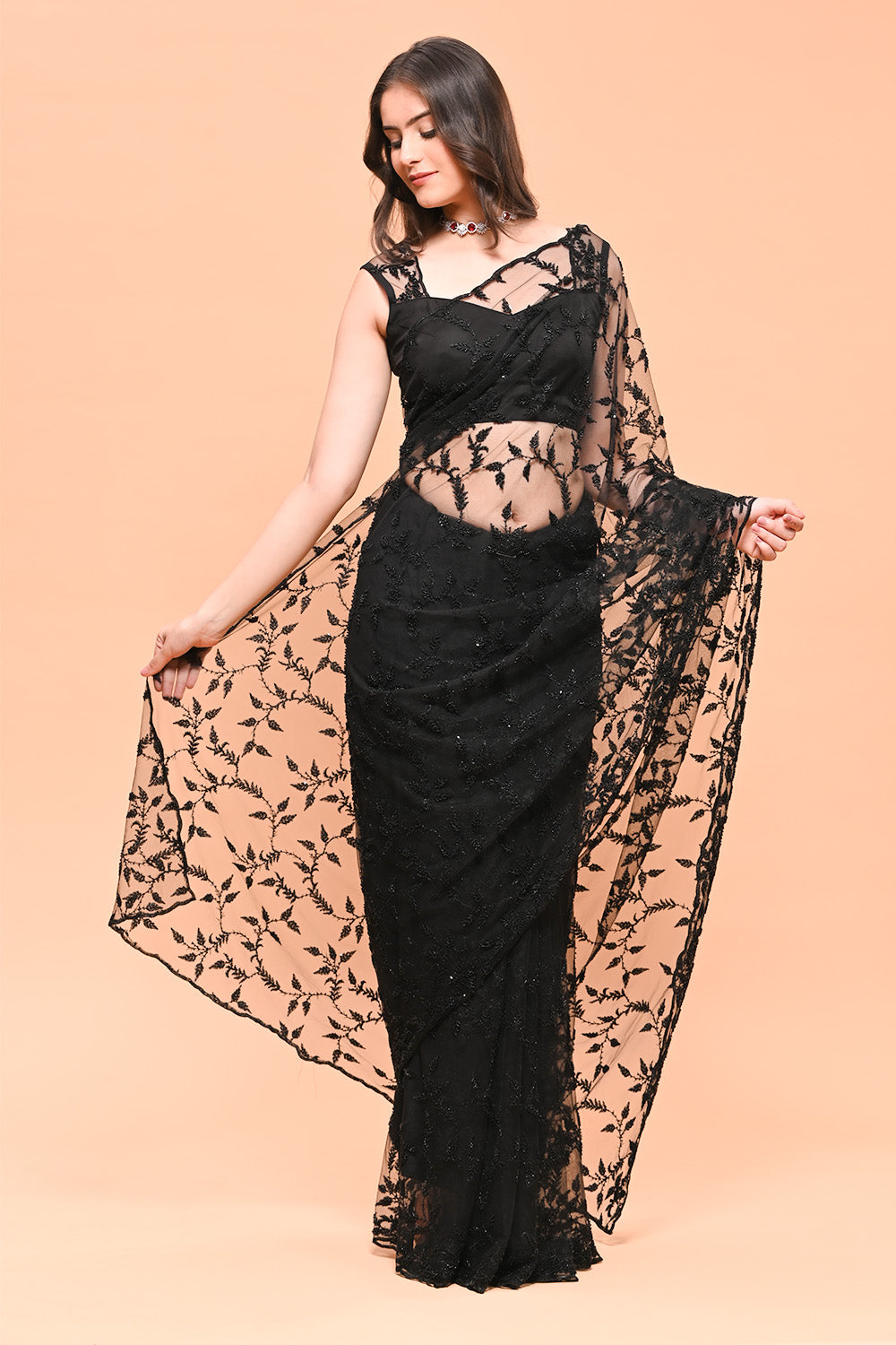 Black Color Net Cut-Dana Work Saree
