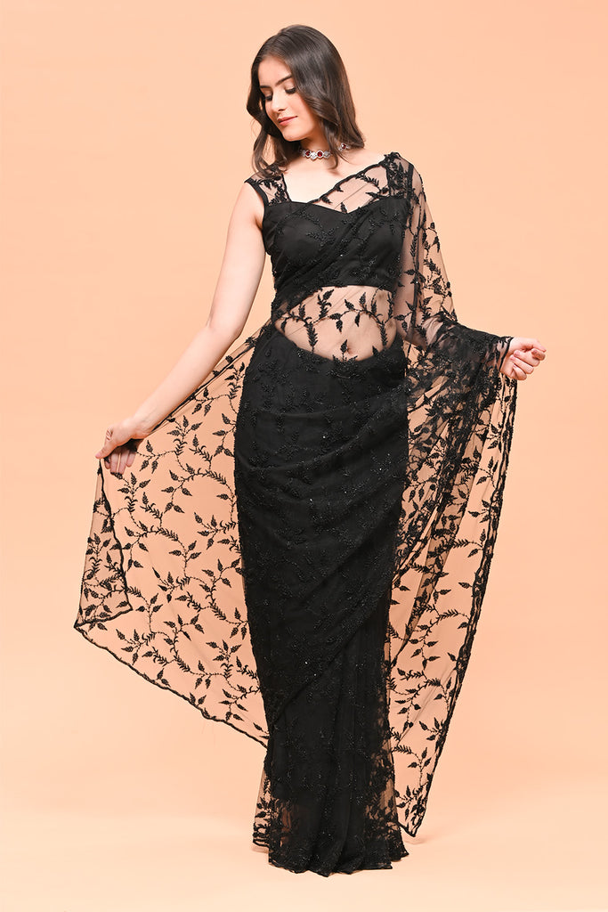 Black Color Net Cut-Dana Work Saree