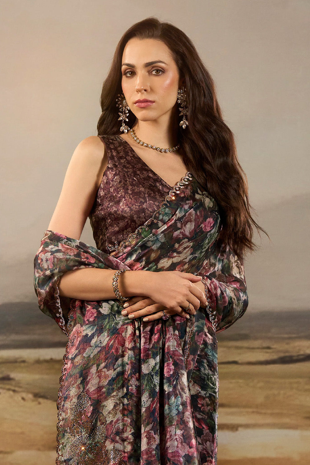 Brown Shimmer Floral Printed Saree with Swarovski Work on Border