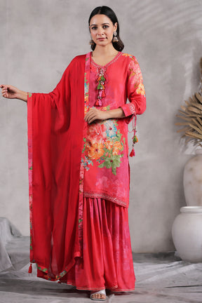 Coral Color Muslin Floral Printed Suit With Sharara