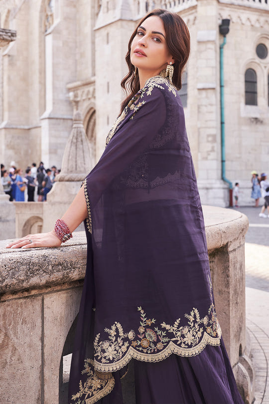 Purple Crepe Silk Embroidered Crop-Top Dress With Shruge Stlye Dupatta And Palazzo