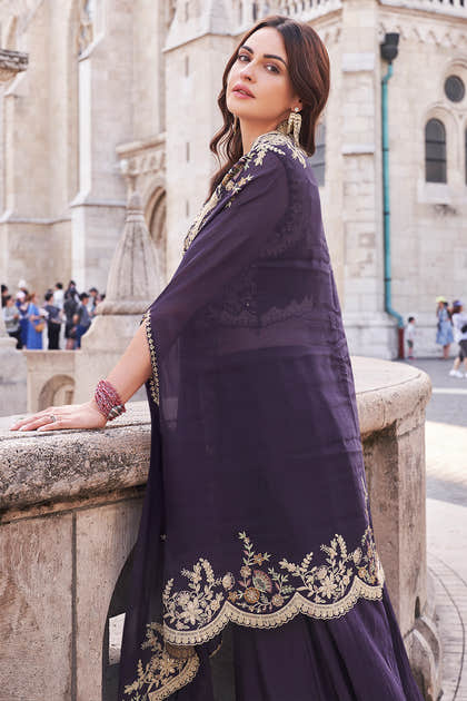 Purple Crepe Silk Embroidered Crop-Top Dress With Shruge Stlye Dupatta And Palazzo