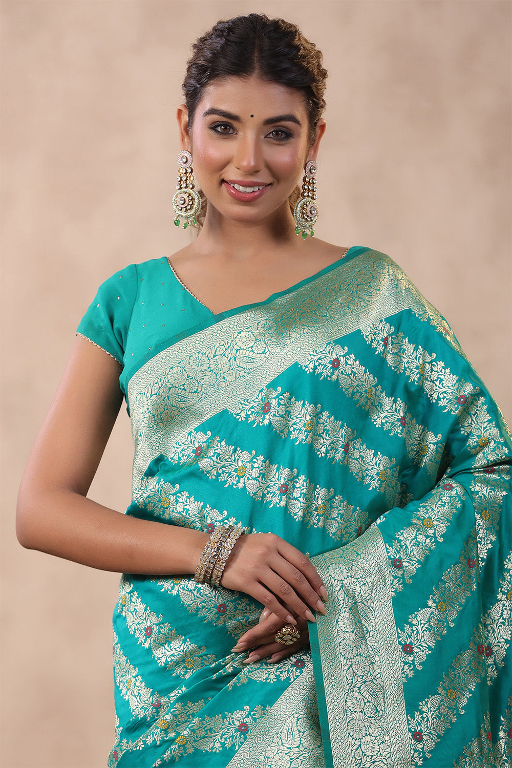 Teal Color Zari Woven Silk Saree